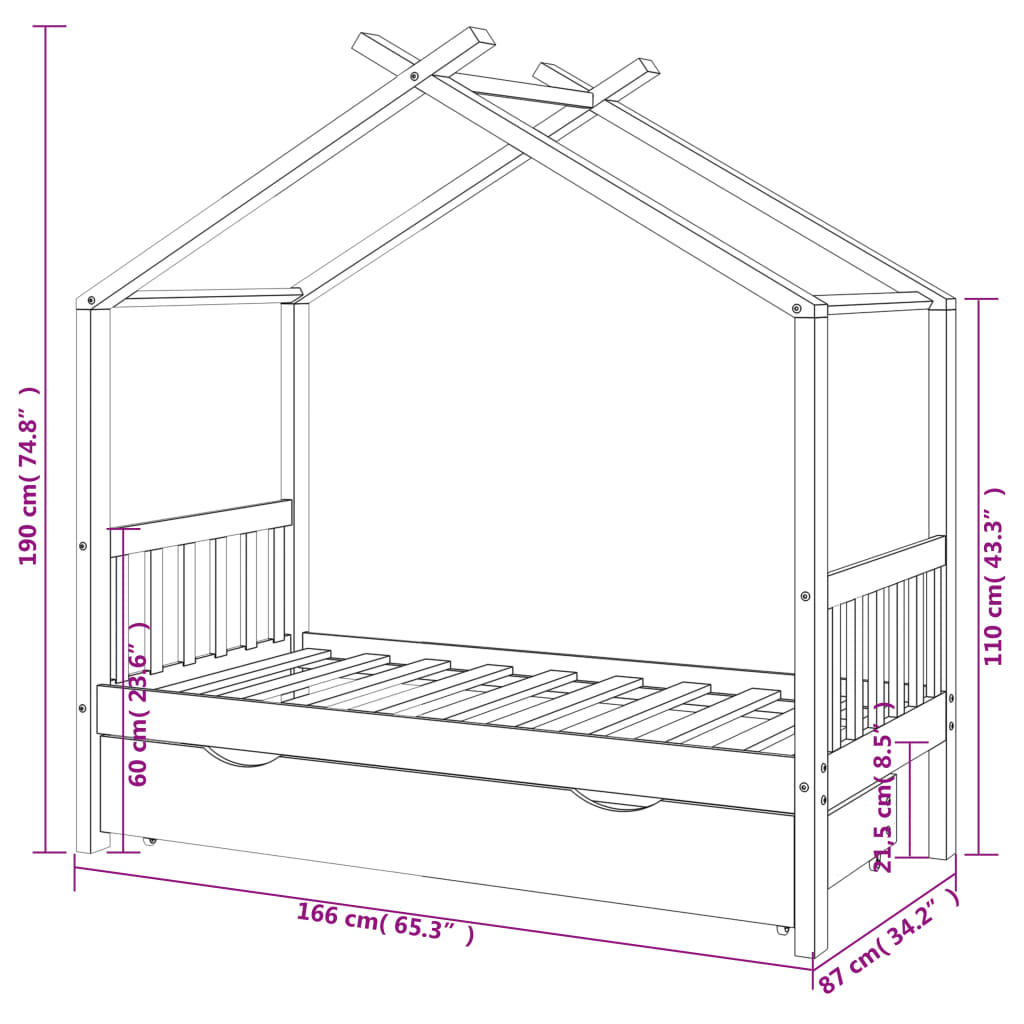 Estrutura de cama para crianças c/ gaveta pinho maciço 80x160cm