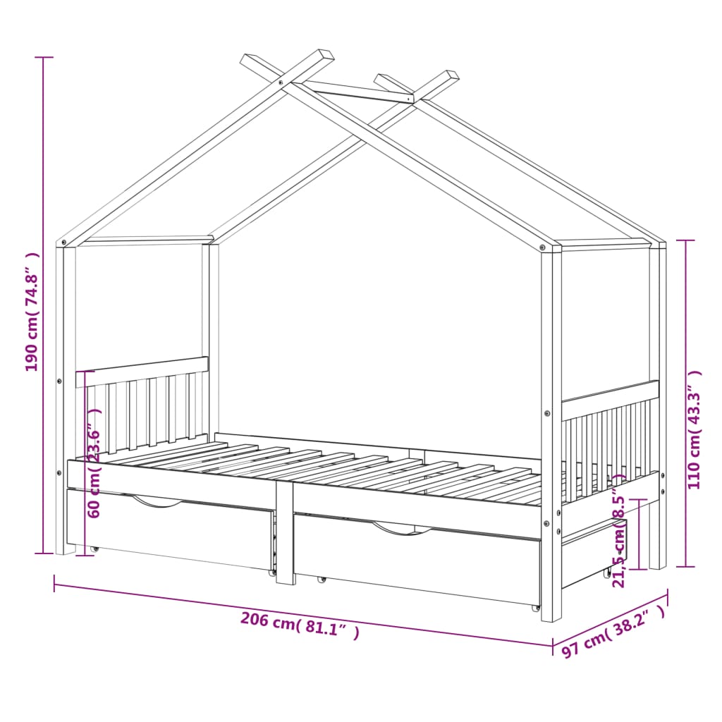 Cama p/ crianças c/ gavetas 90x200 cm pinho maciço cinza-escuro