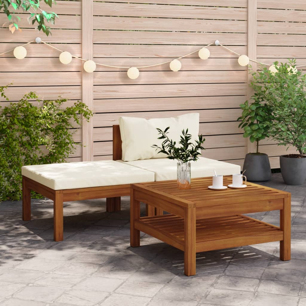 3 pcs conj. lounge de jardim c/ almofadões branco nata acácia