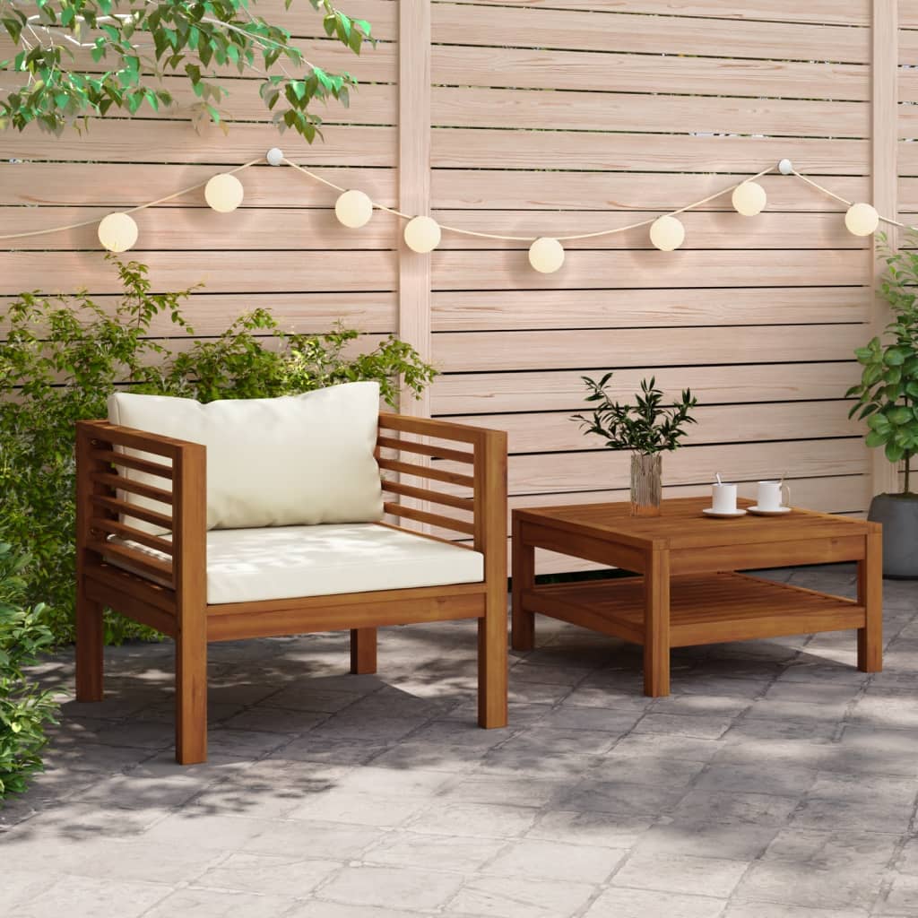 2 pcs conjunto sofás de jardim c/ almofadões branco nata acácia