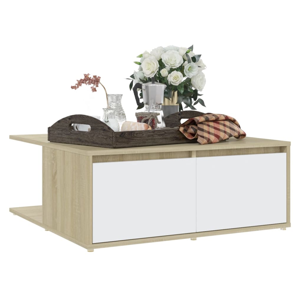 Mesa de Centro Vieira com 2 Gavetas - Carvalho/Branco - Design Nórdico