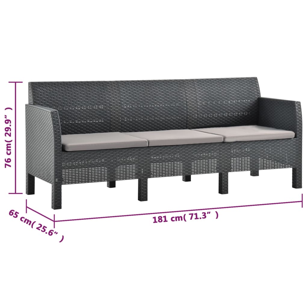 2 pcs conjunto lounge jardim com almofadões vime PP antracite