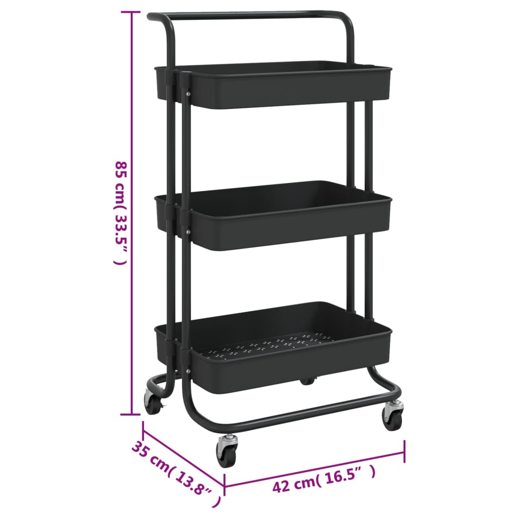 Carrinho cozinha c/ 3 prateleiras ferro/ABS 42x35x85 cm preto