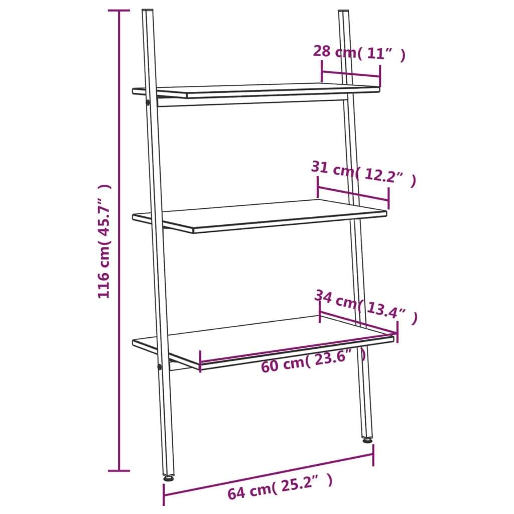 Unidade 3 prateleiras inclinada 64x34x116 cm preto