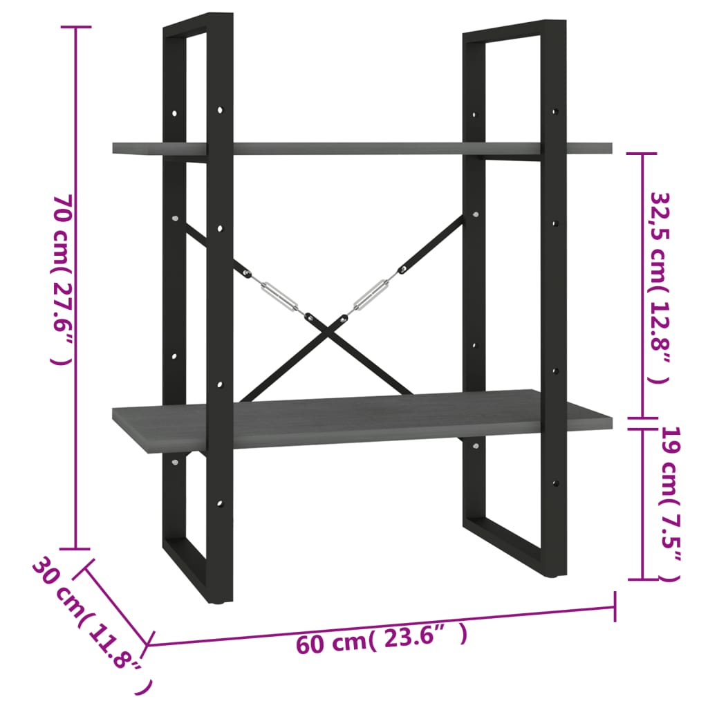 Estante com 2 prateleiras 60x30x70 cm pinho maciço cinzento