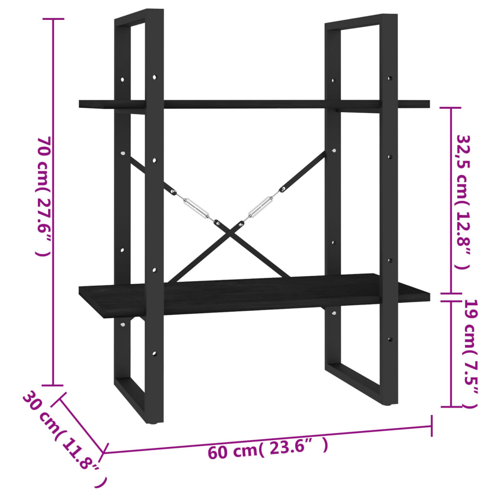 Estante com 2 prateleiras 60x30x70 cm pinho maciço preto