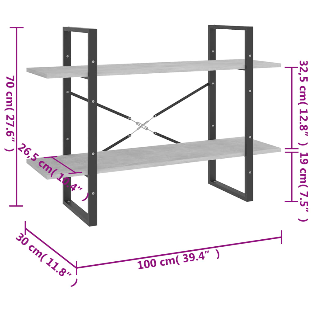 Estante c/ 2 prateleiras 100x30x70cm contrapl. cinzento-cimento