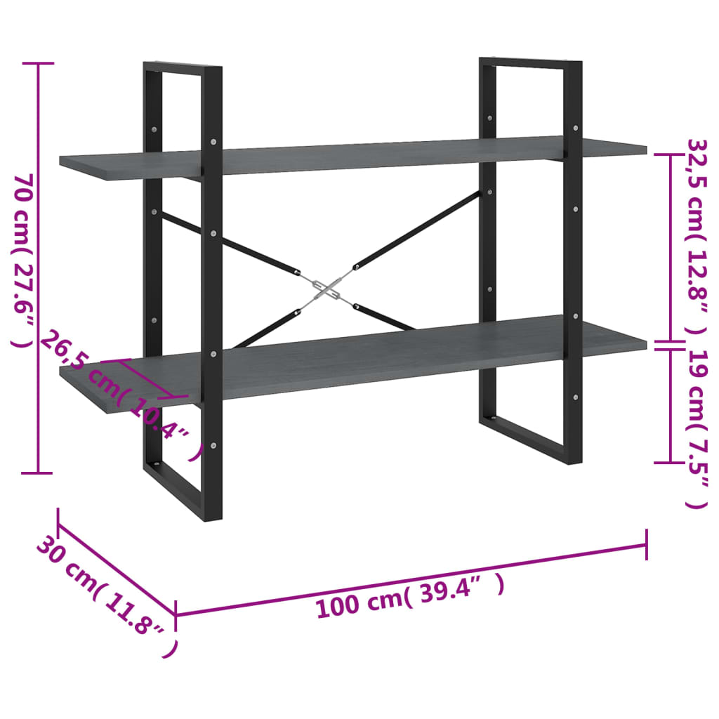 Estante com 2 prateleiras 100x30x70 cm pinho maciço cinzento