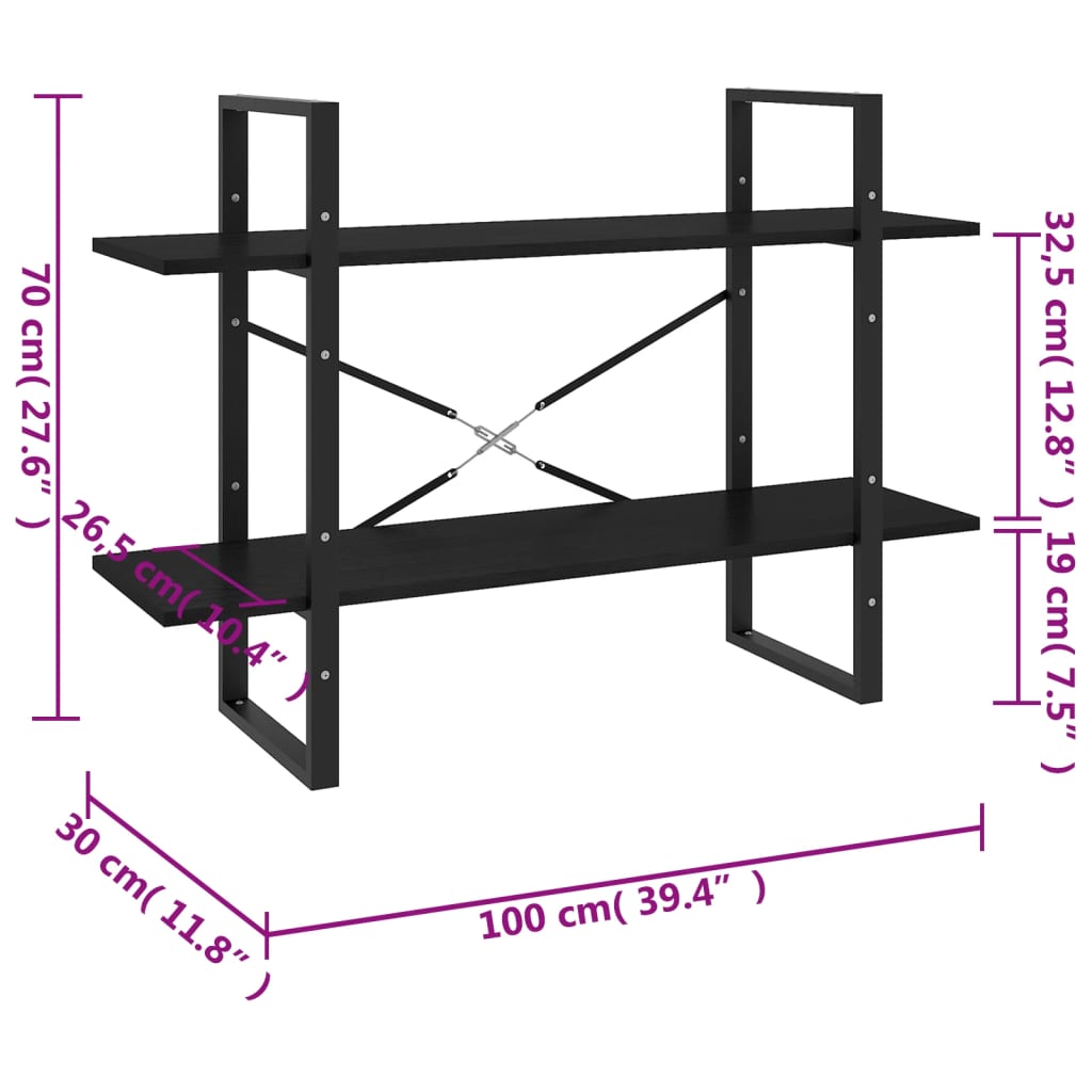 Estante com 2 prateleiras 100x30x70 cm pinho maciço preto