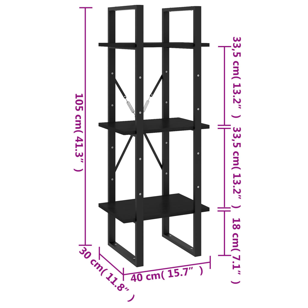 Estante c/ 3 prateleiras 40x30x105 cm pinho maciço preto