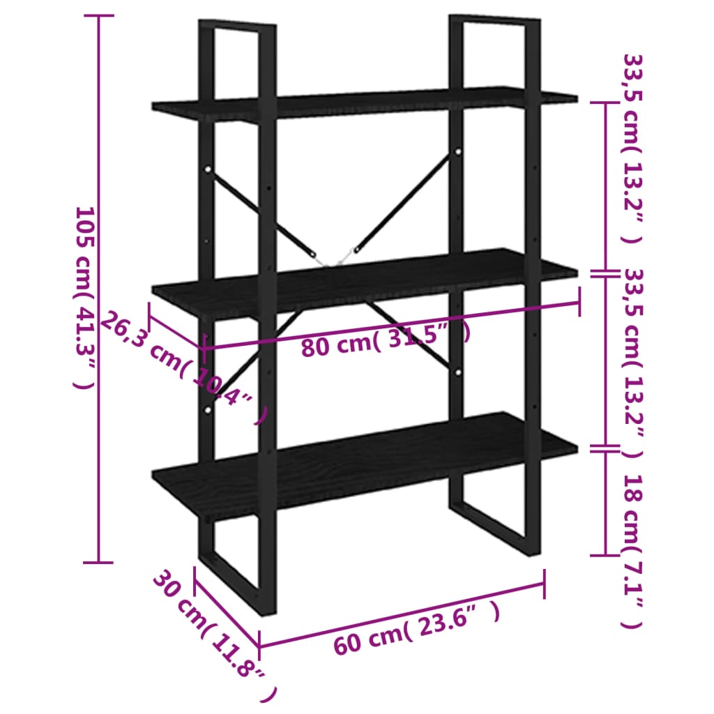 Estante com 3 prateleiras 80x30x105 cm pinho maciço preto