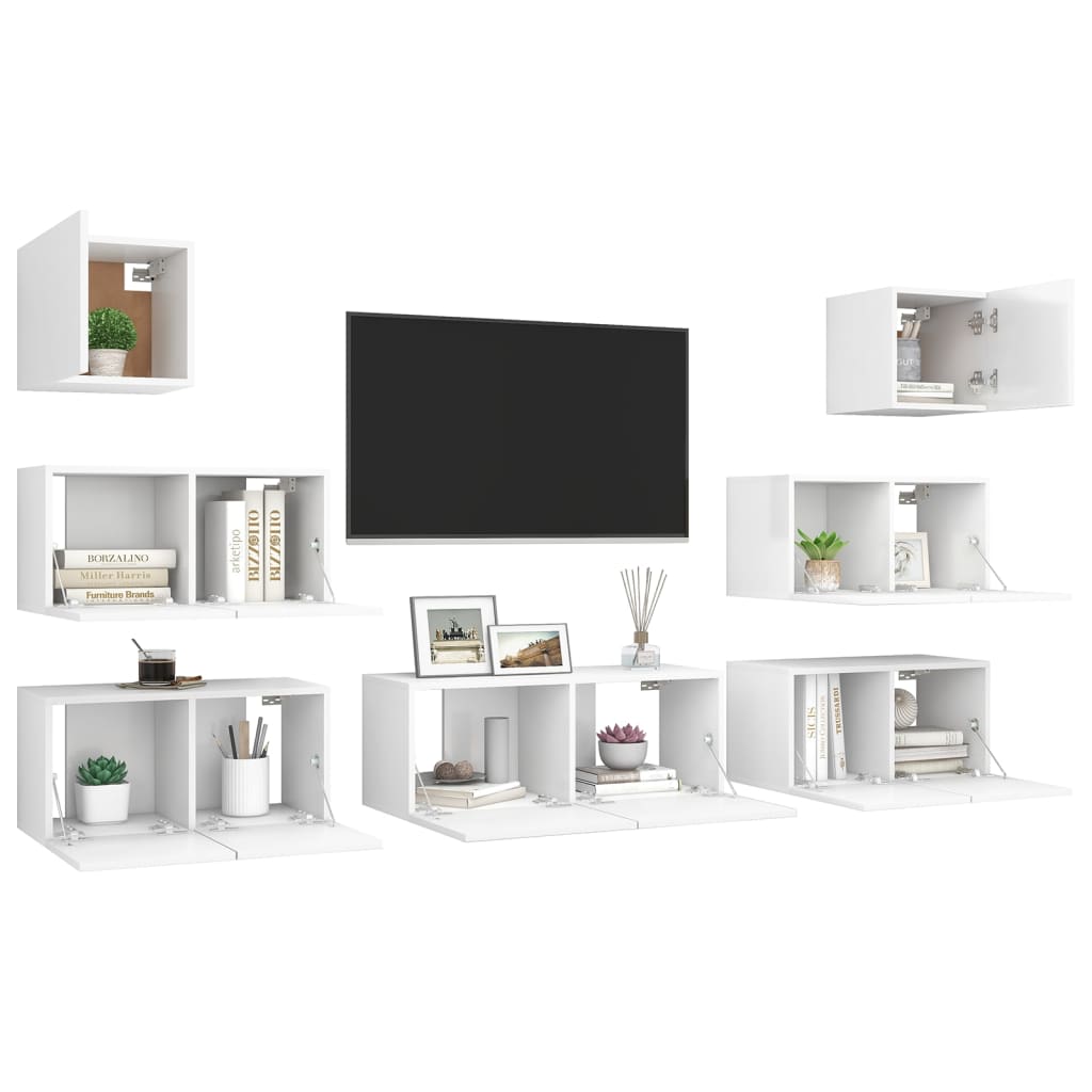 7 pcs conjunto de móveis de TV contraplacado branco