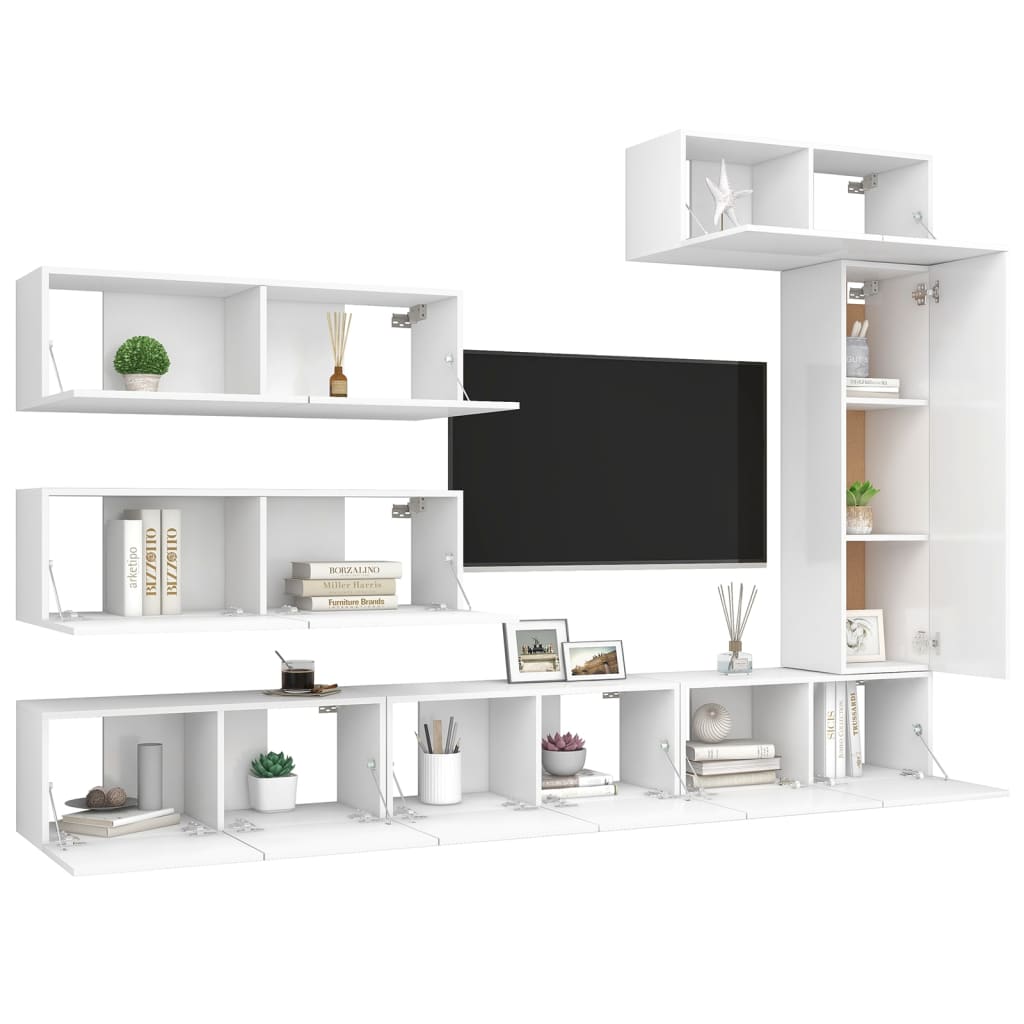 7 pcs conjunto de móveis de TV contraplacado branco