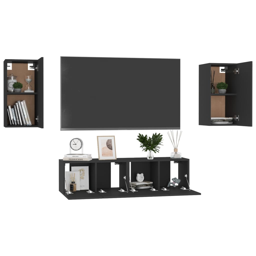 4 pcs conjunto de móveis de TV contraplacado preto