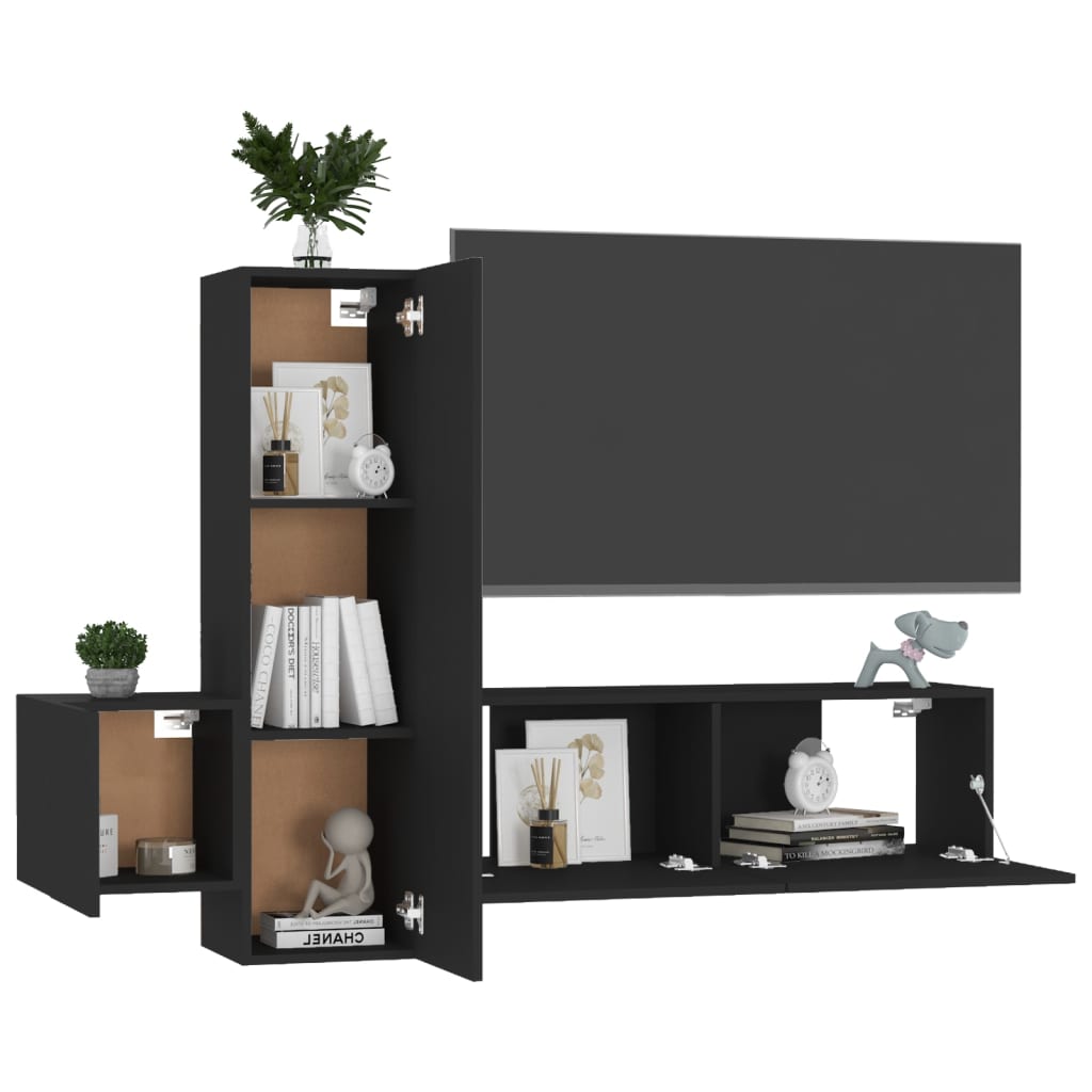 Conjunto de 3 Móveis de Parede de TV Faial L - Preto - Design Moderno