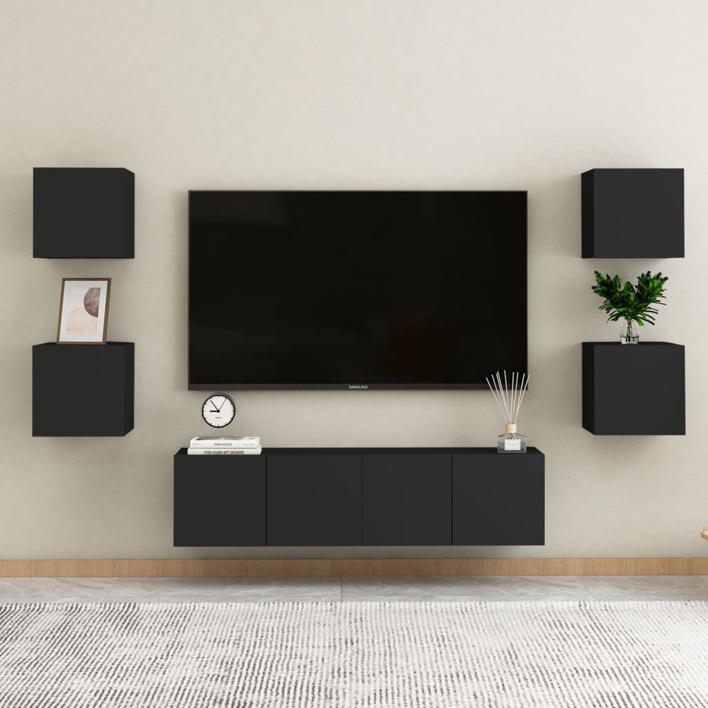 Conjunto de 6 Móveis de Parede de TV Funchal S - Preto - Design Moderno