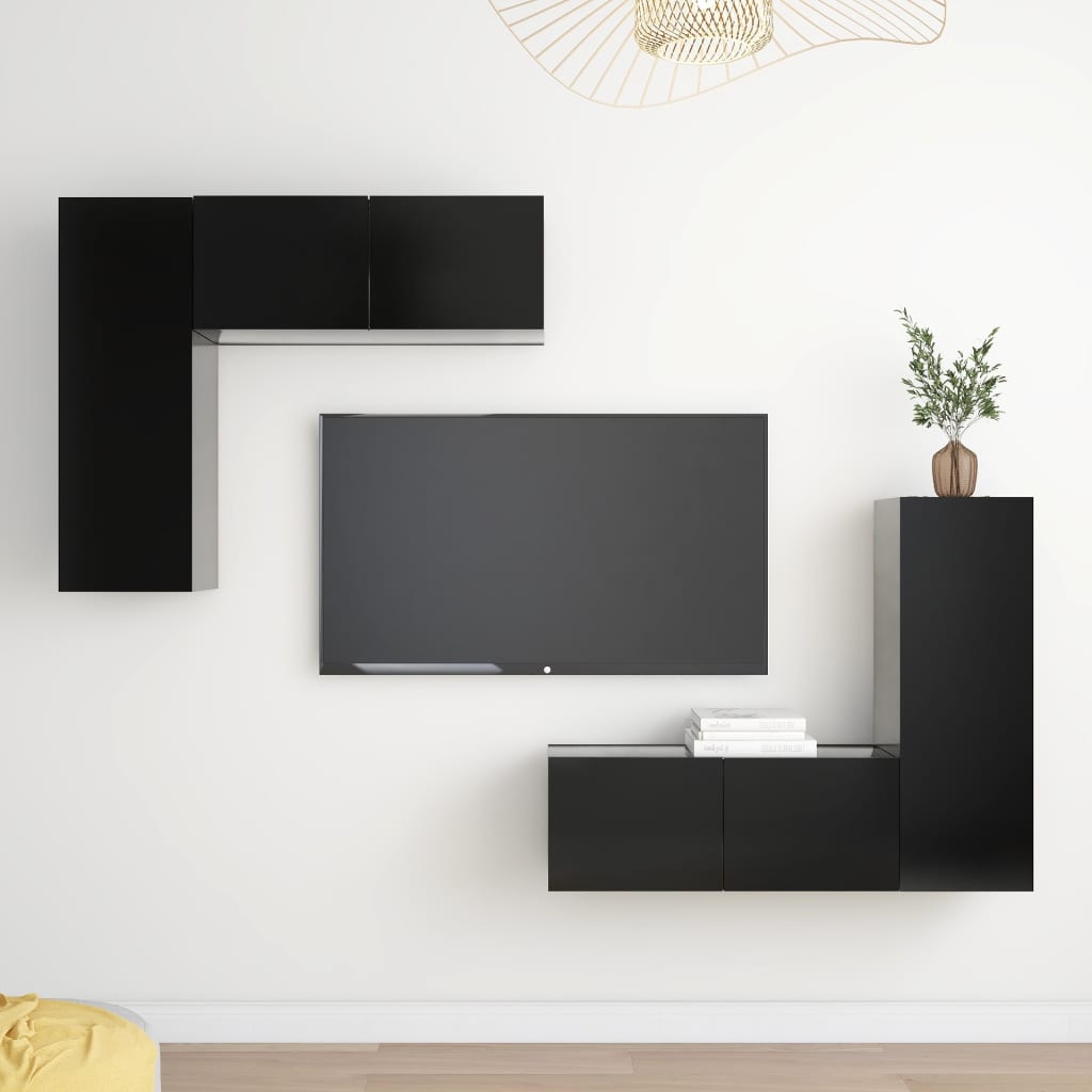 4 pcs conjunto de móveis de TV contraplacado preto