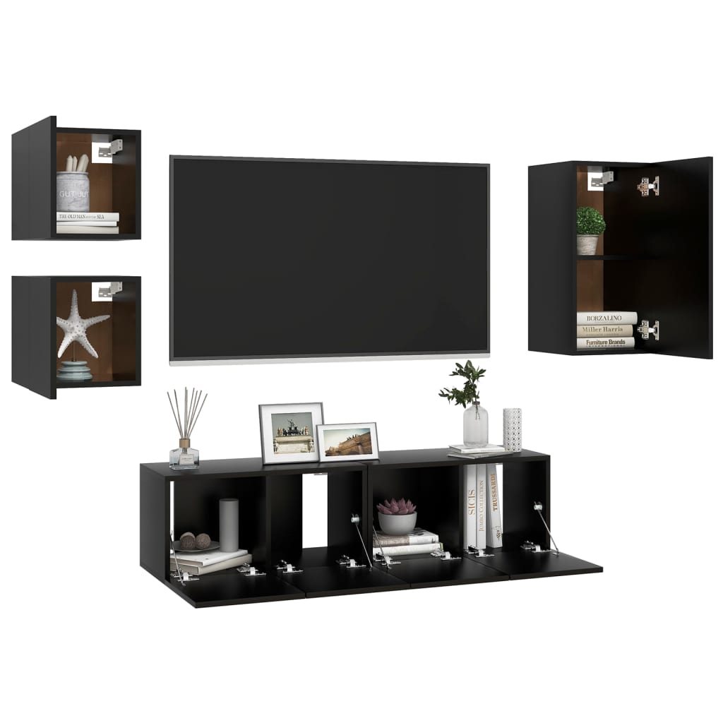 Conjunto de 5 Móveis de Parede de TV Sines S - Preto - Design Moderno