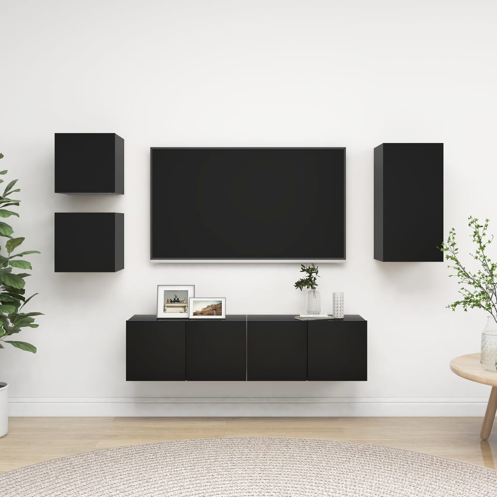 Conjunto de 5 Móveis de Parede de TV Sines S - Preto - Design Moderno