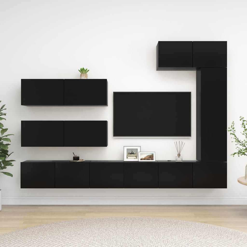 7 pcs conjunto de móveis de TV contraplacado preto