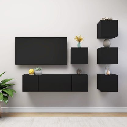 6 pcs conjunto de móveis de TV contraplacado preto