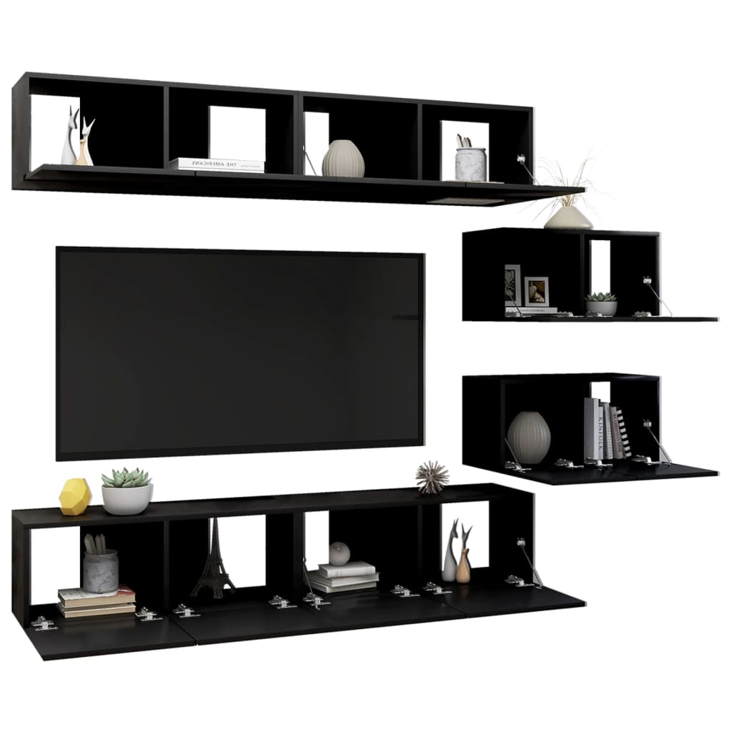 6 pcs conjunto de móveis de TV contraplacado preto