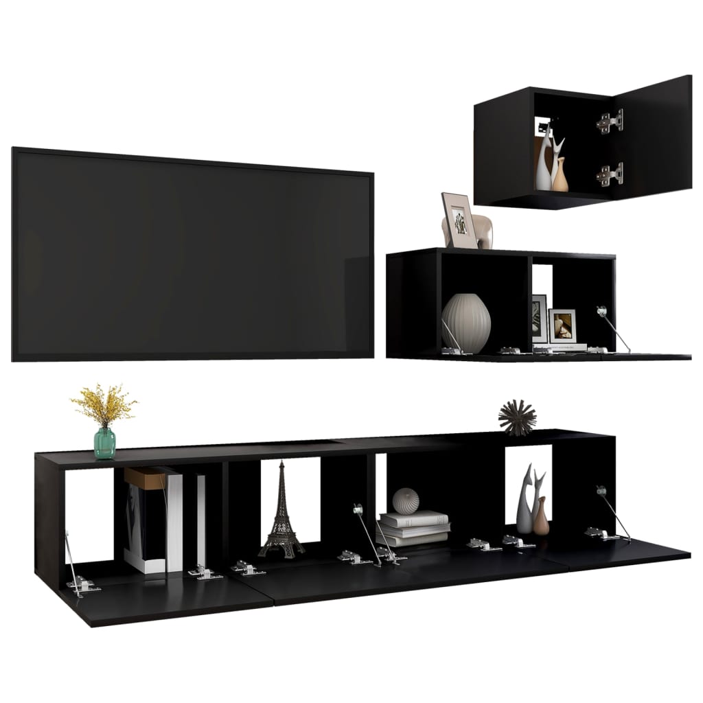 4 pcs conjunto de móveis de TV contraplacado preto