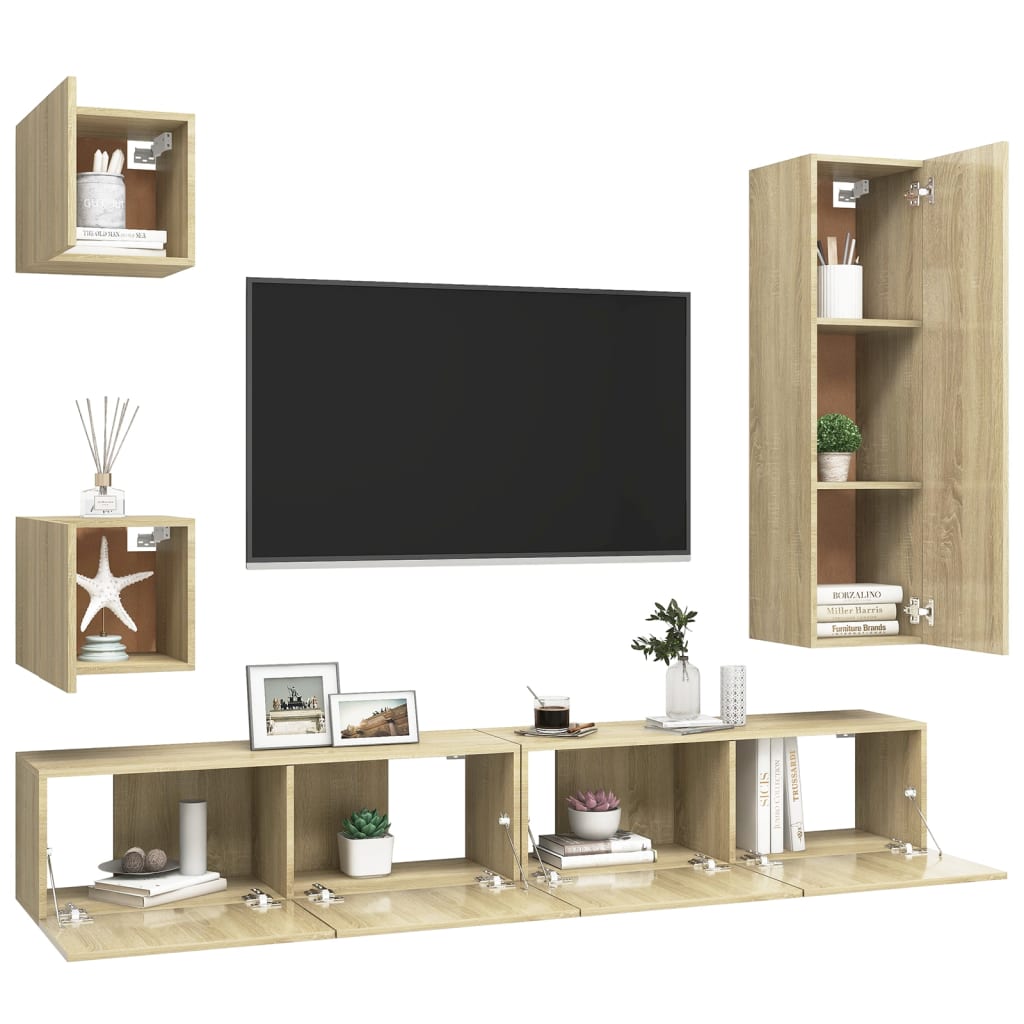 Conjunto de 5 Móveis de Parede de TV Sines L - Carvalho - Design Moderno