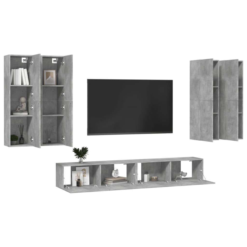 6 pcs conjunto de móveis de TV contraplacado cinzento cimento