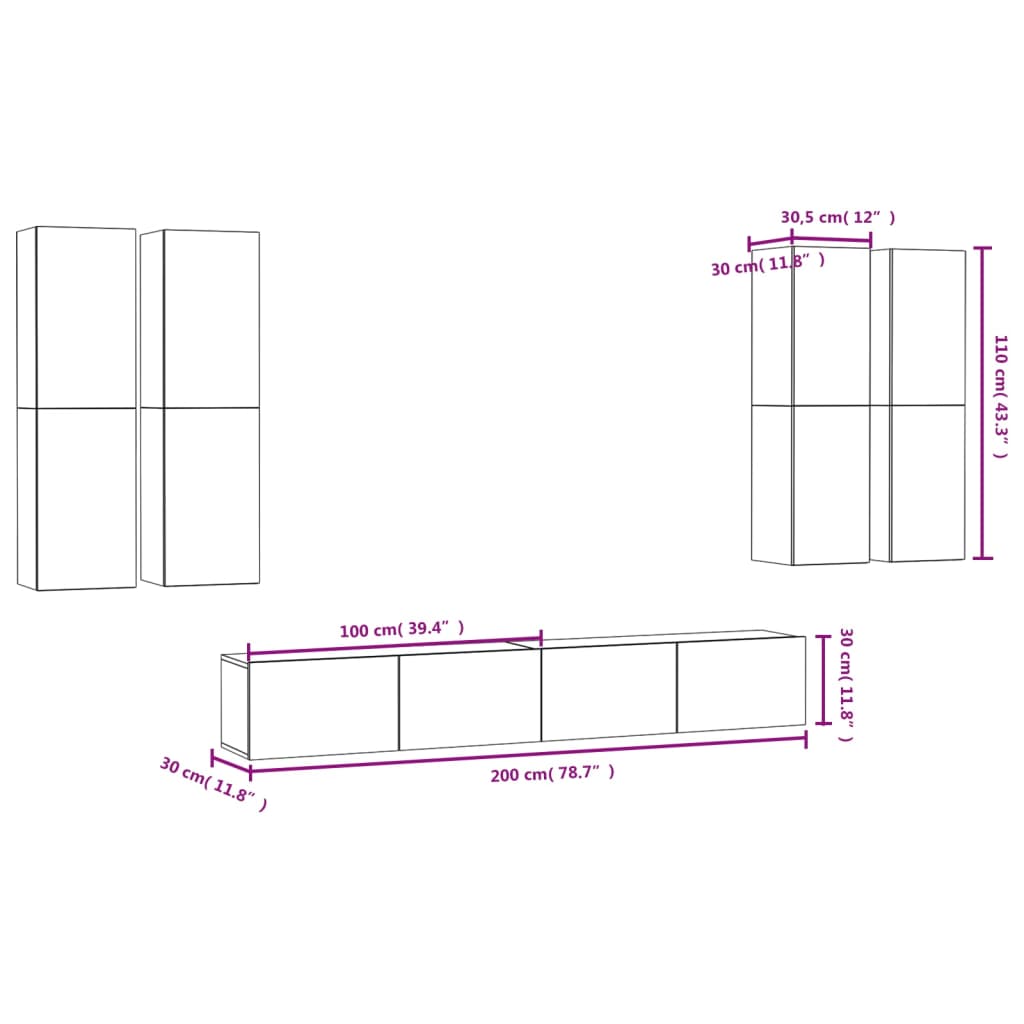 6 pcs conjunto de móveis de TV contraplacado cinzento cimento