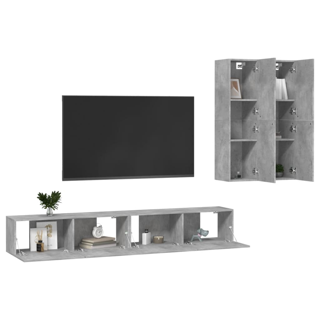 4 pcs conjunto de móveis de TV contraplacado cinzento cimento