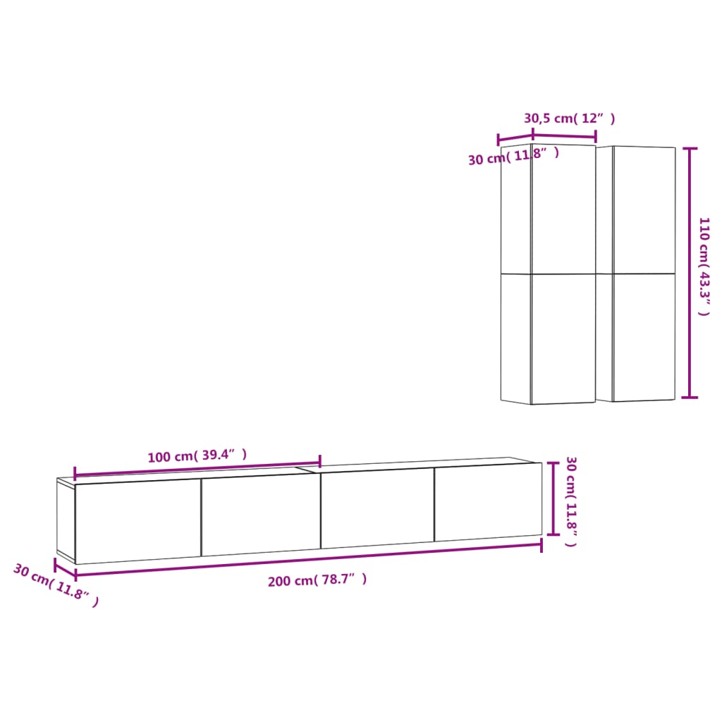 4 pcs conjunto de móveis de TV contraplacado cinzento cimento