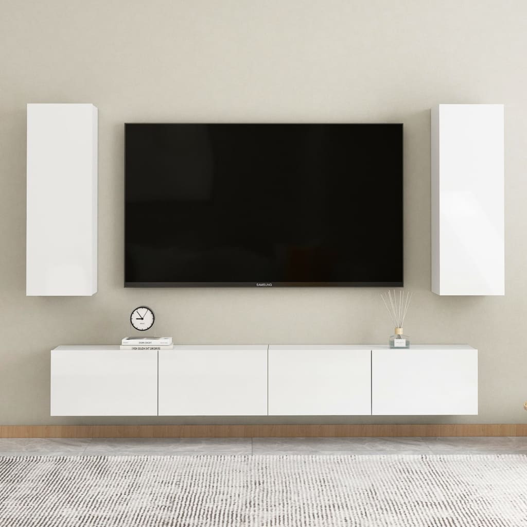 4 pcs conjunto de móveis de TV contraplacado branco brilhante