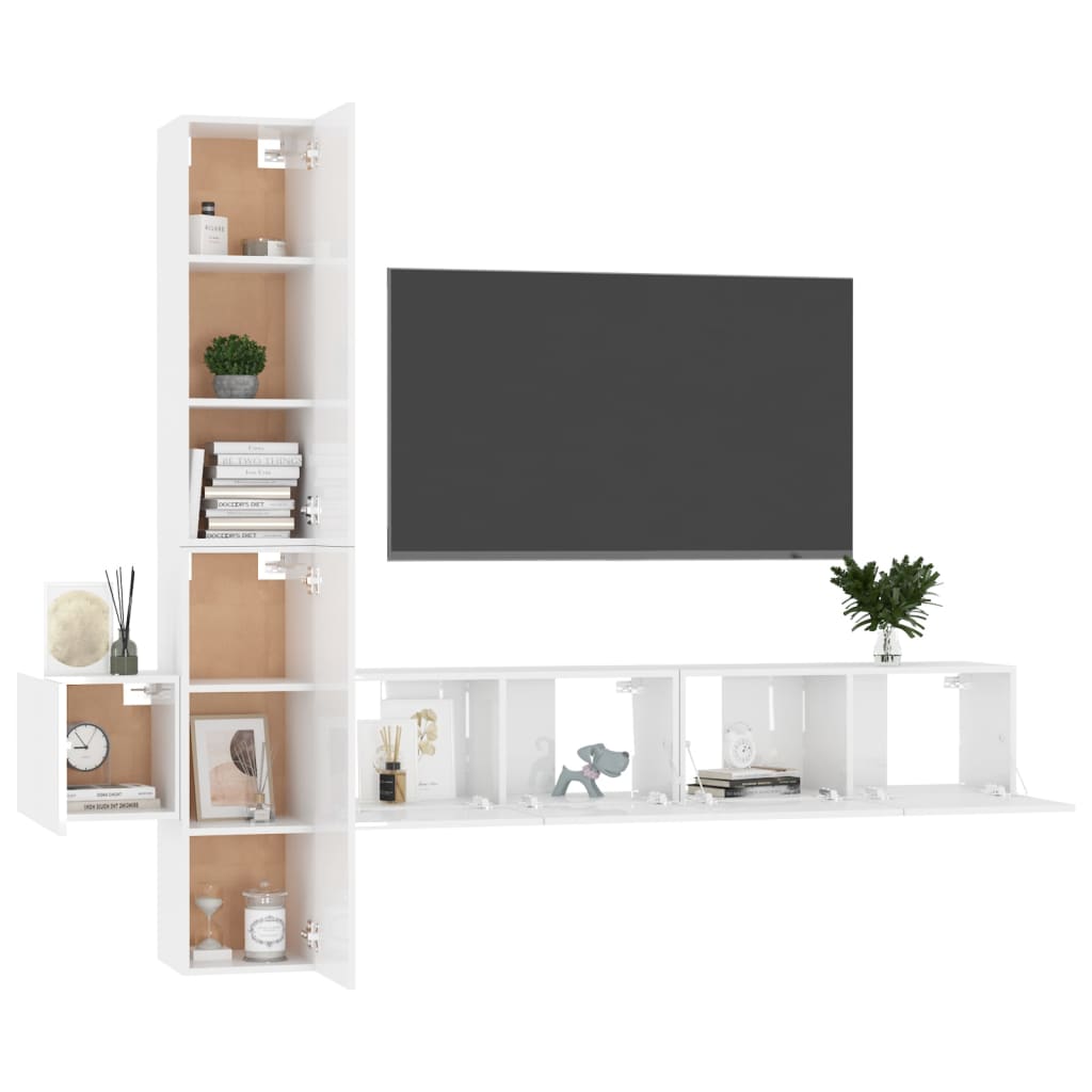 Conjunto de 5 Móveis de Parede de TV Faial M - Branco Brilhante - Design Moderno