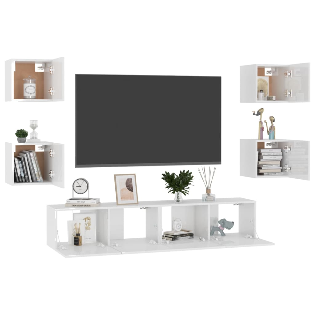 6 pcs conjunto de móveis de TV contraplacado branco brilhante