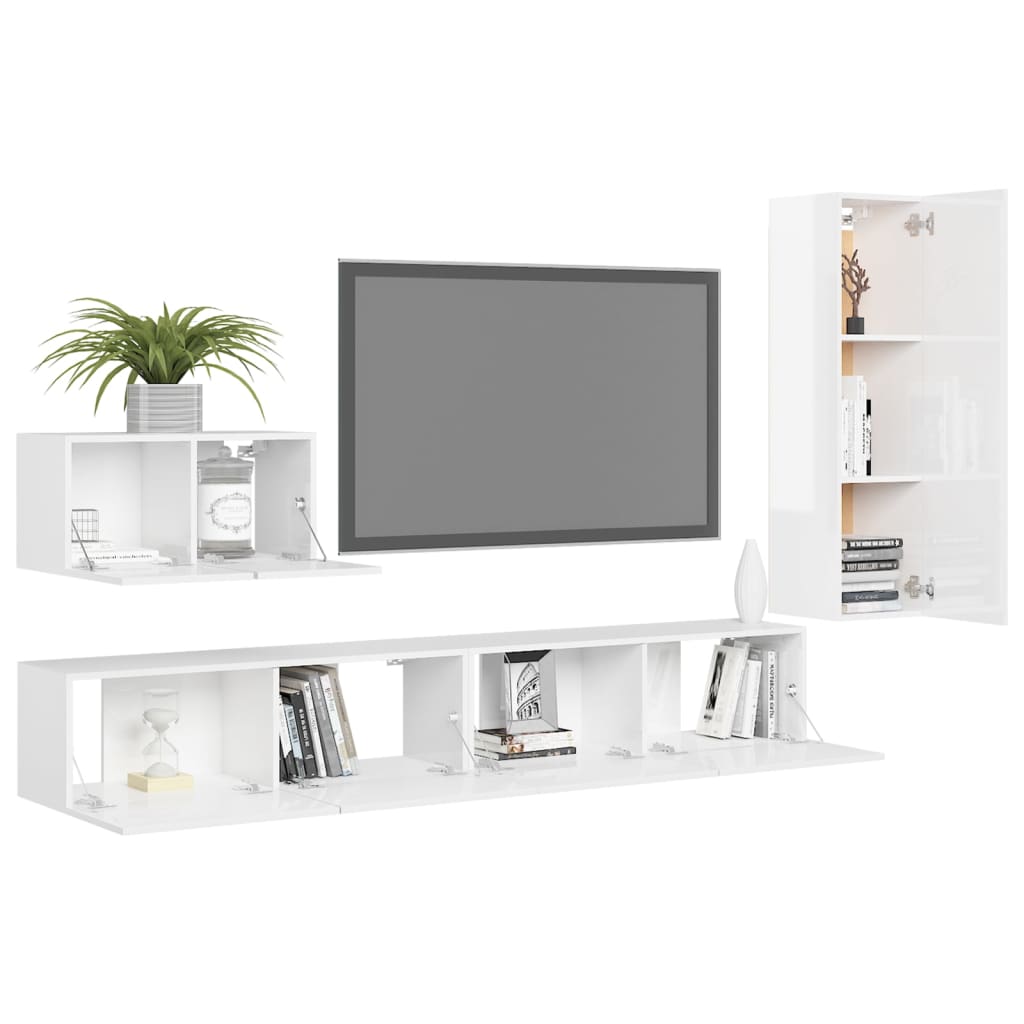 4 pcs conjunto de móveis de TV contraplacado branco brilhante