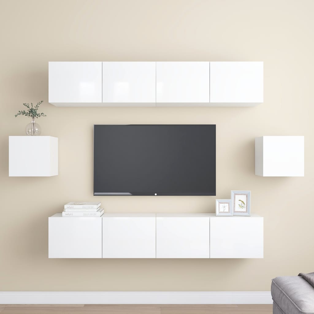 6 pcs conjunto de móveis de TV contraplacado branco brilhante