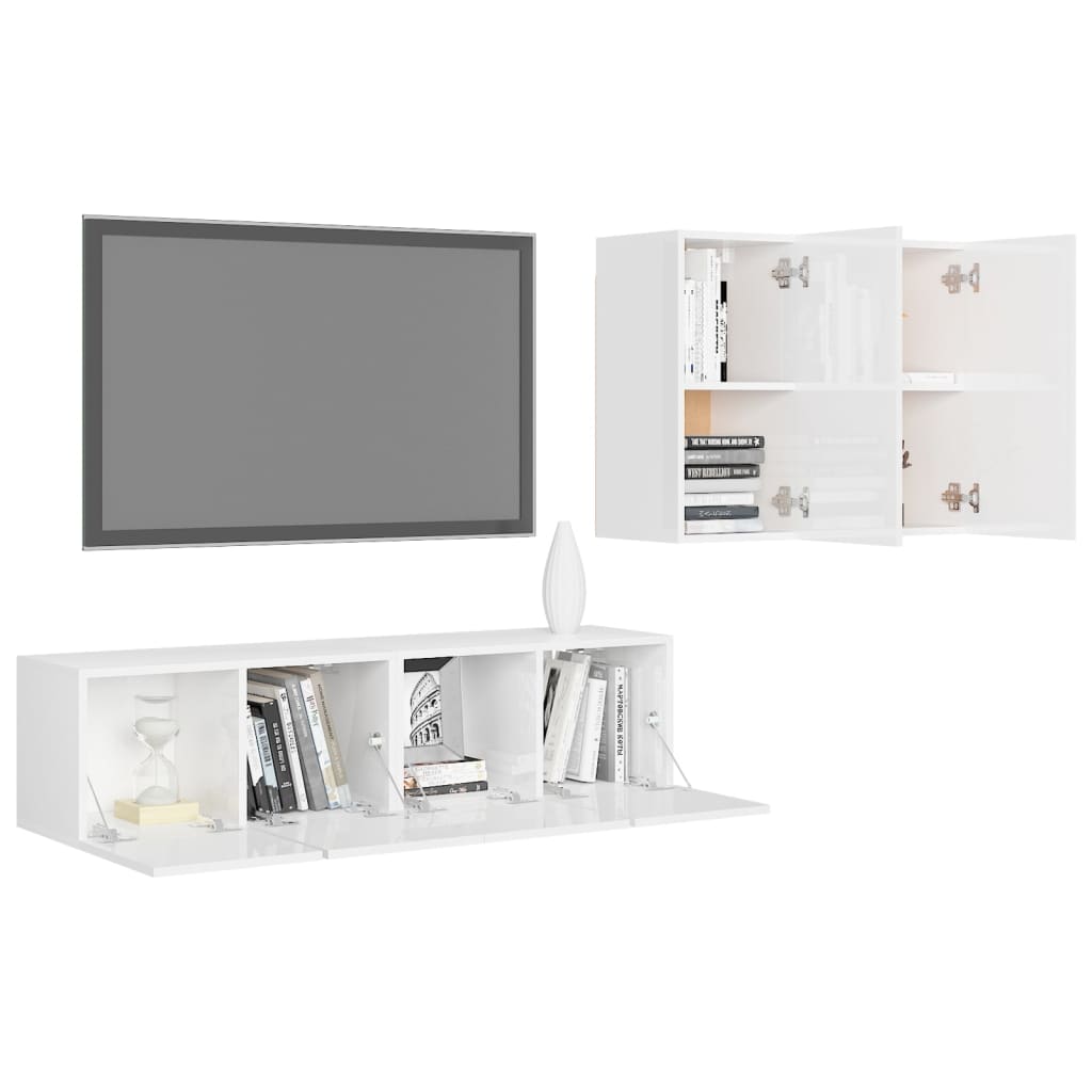 Conjunto de 4 Móveis de Parede de TV Régua S - Branco Brilhante - Design Moderno