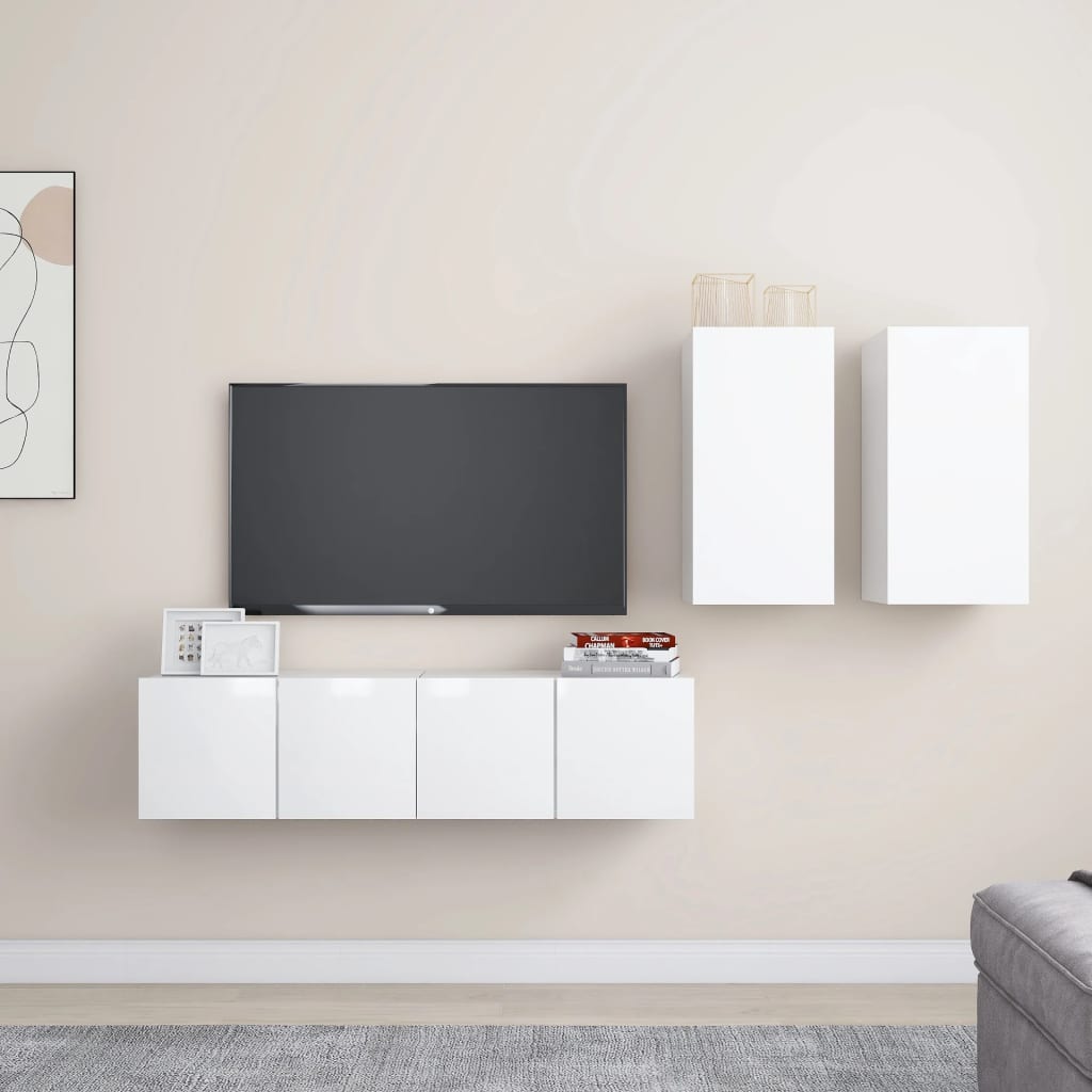 Conjunto de 4 Móveis de Parede de TV Régua S - Branco Brilhante - Design Moderno