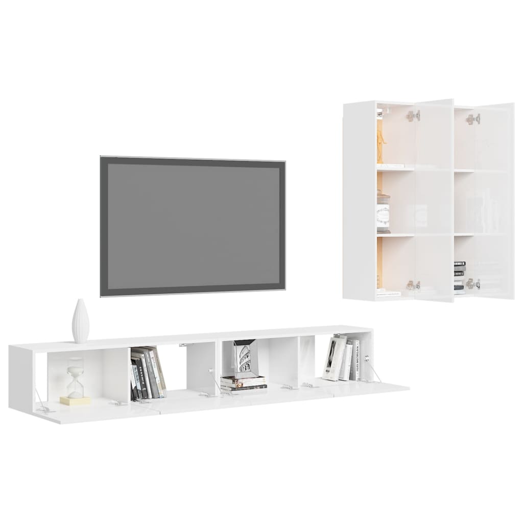 Conjunto de 4 Móveis de Parede de TV Régua L - Branco Brilhante - Design Moderno