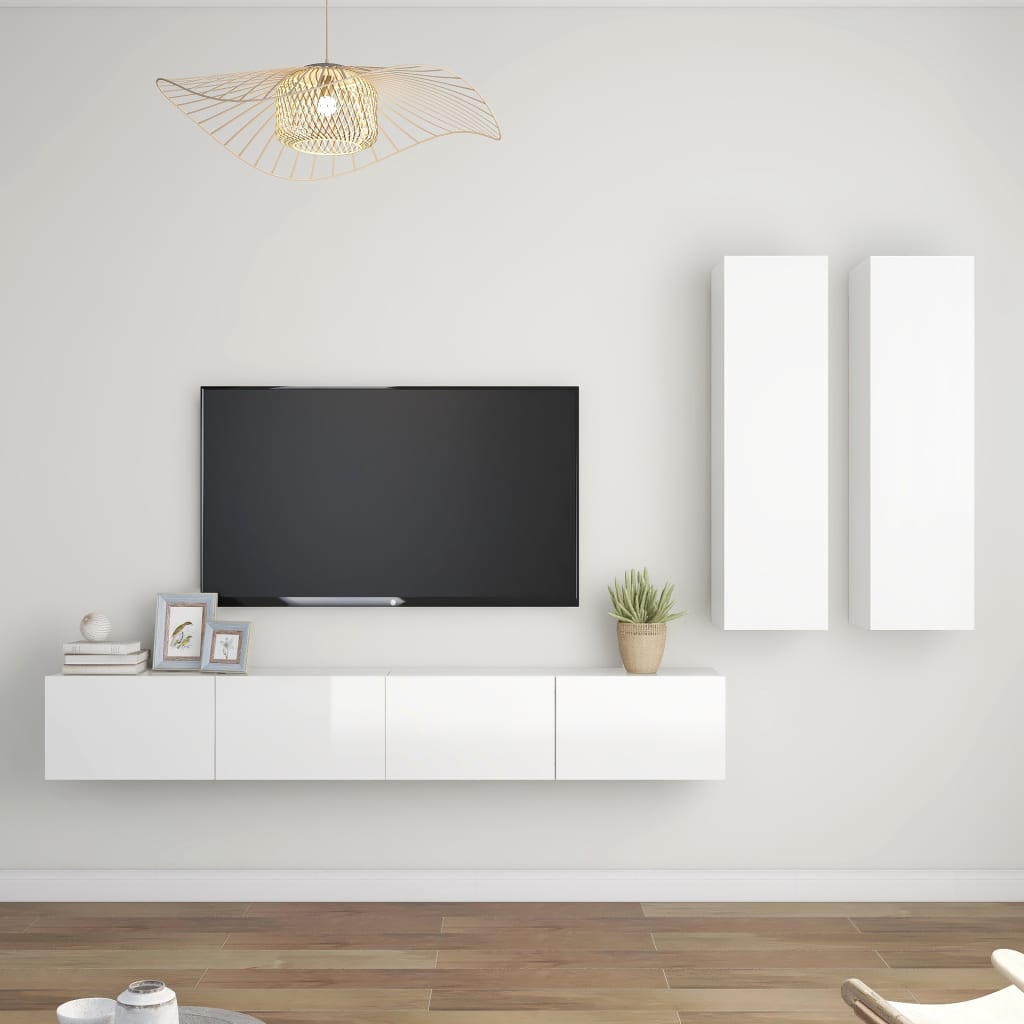 Conjunto de 4 Móveis de Parede de TV Régua L - Branco Brilhante - Design Moderno