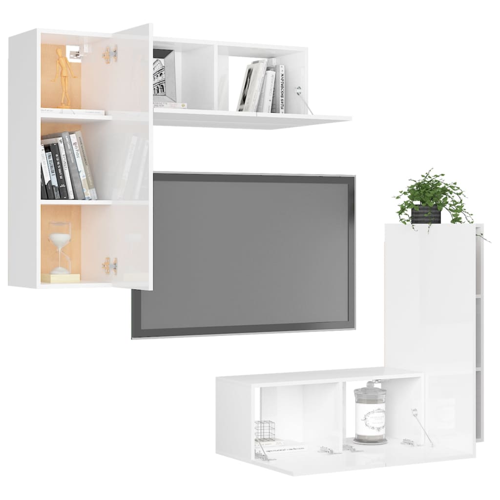 4 pcs conjunto de móveis de TV contraplacado branco brilhante