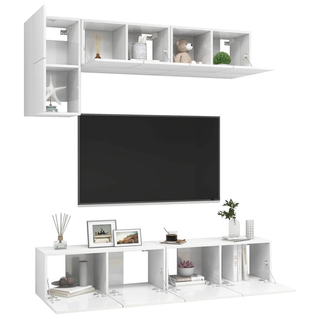 Conjunto de 5 Móveis de Parede de TV Beja M - Branco Brilhante - Design Moderno