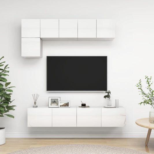 Conjunto de 5 Móveis de Parede de TV Beja M - Branco Brilhante - Design Moderno