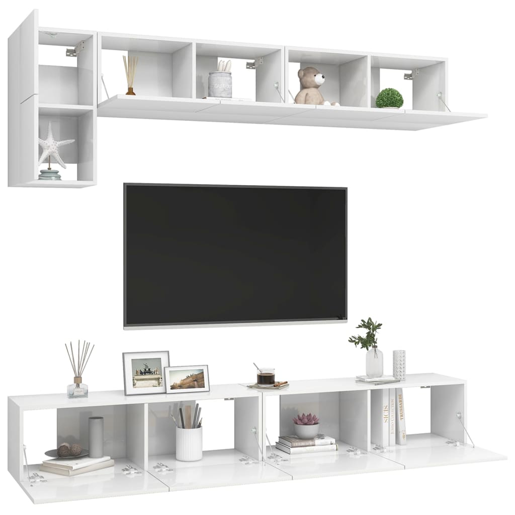 Conjunto de 5 Móveis de Parede de TV Beja L - Branco Brilhante - Design Moderno