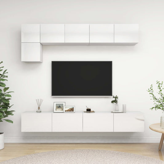 Conjunto de 5 Móveis de Parede de TV Beja L - Branco Brilhante - Design Moderno