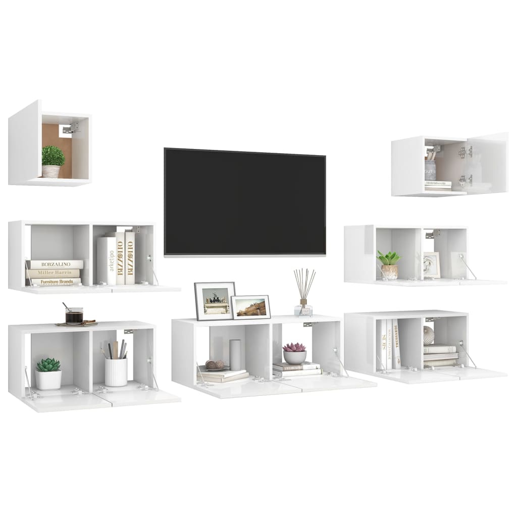 7 pcs conjunto de móveis de TV contraplacado branco brilhante