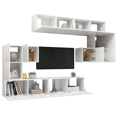 8 pcs conjunto de móveis de TV contraplacado branco brilhante