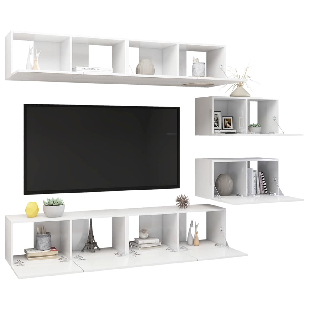 6 pcs conjunto de móveis de TV contraplacado branco brilhante