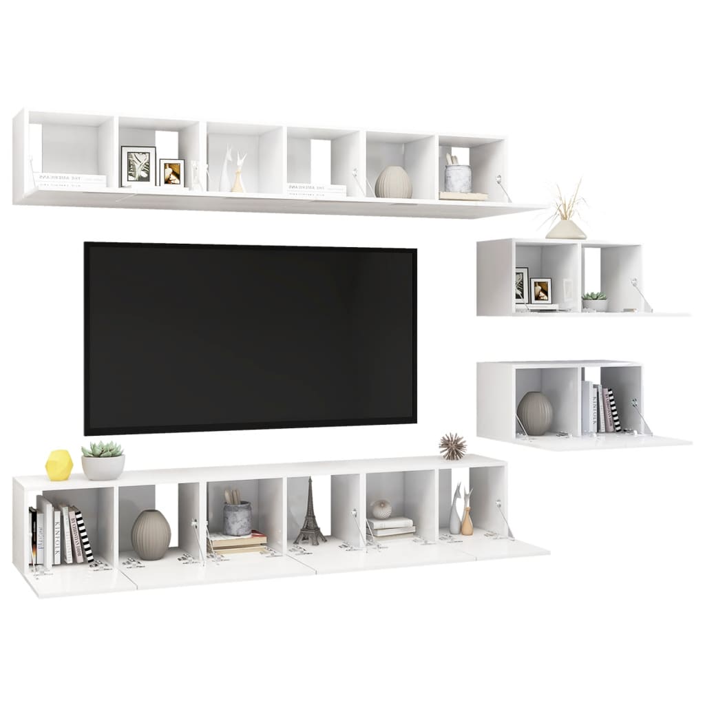 8 pcs conjunto de móveis de TV contraplacado branco brilhante